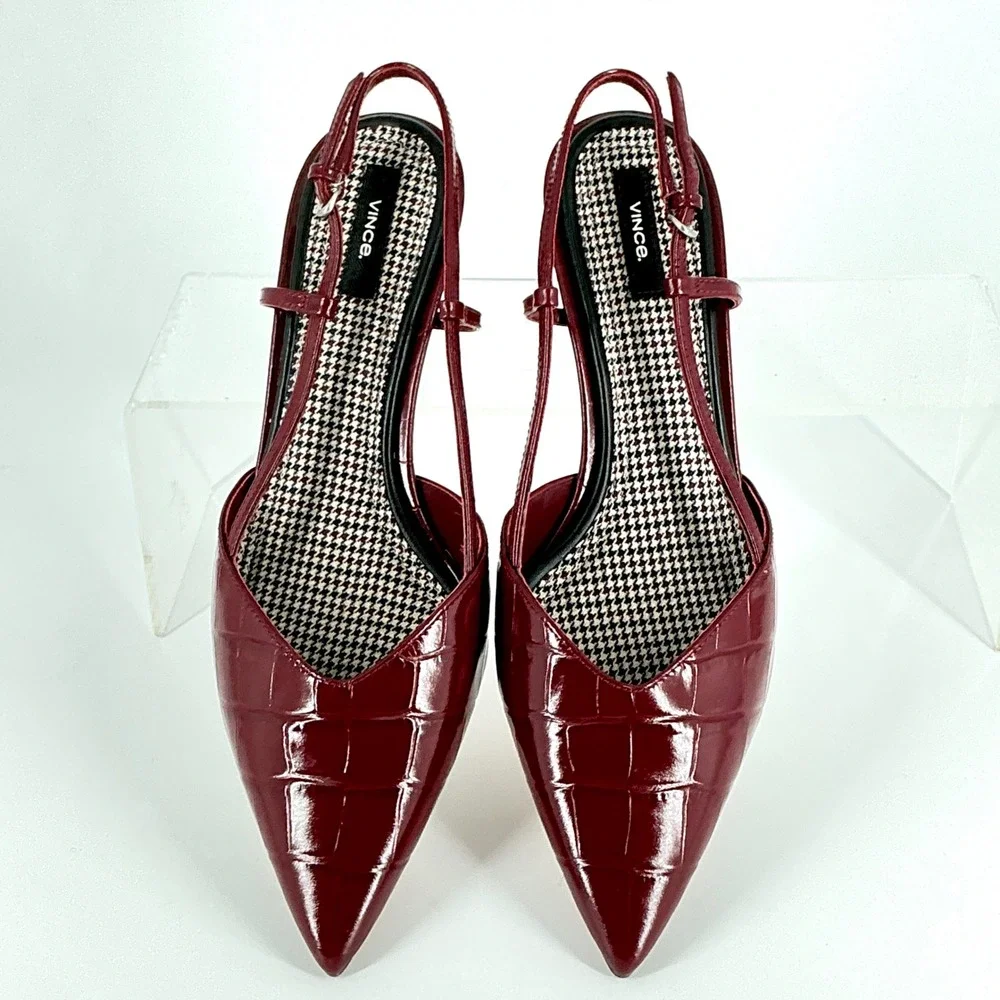 Vince Size 8.5 Burgundy Croc Print Leather Slingback Kitten Heels NEW Pumps $375
